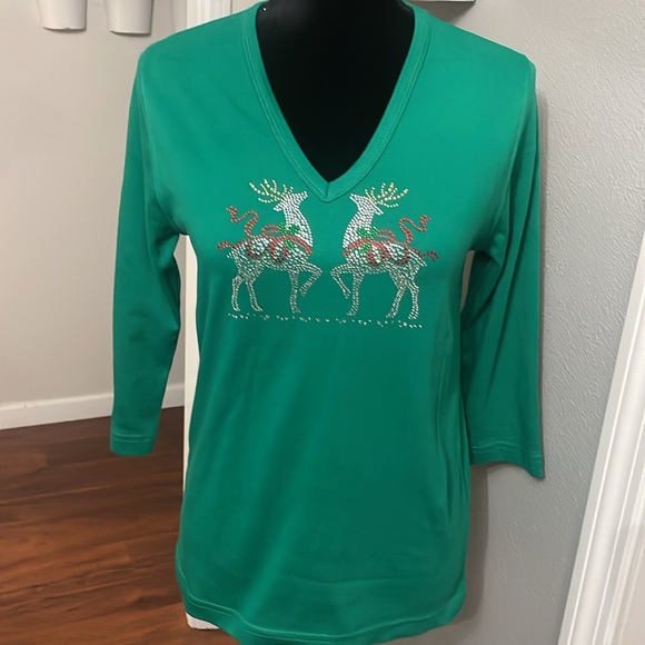 Reindeer Bling Christmas Top Green V Neck - Picture 2 of 10